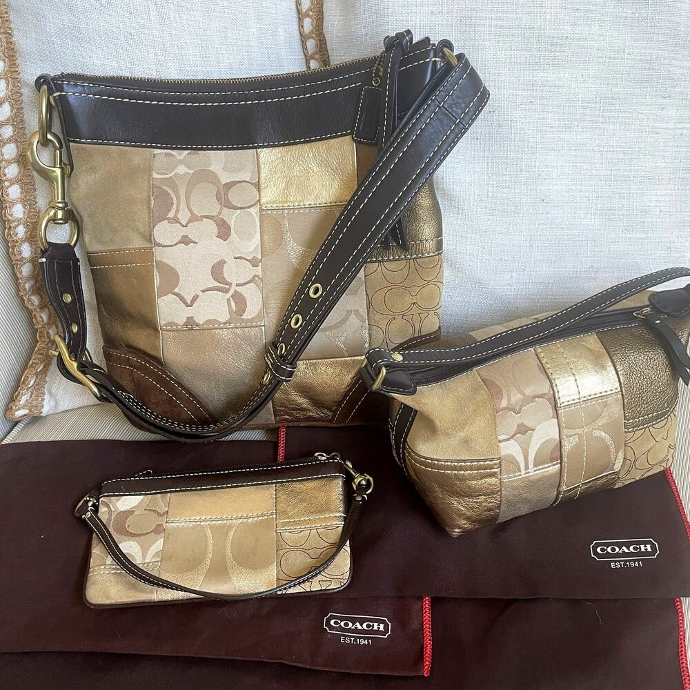 Rare Coach Y2K Metallic Patchwork 3 Piece Bag Set + Wristlet